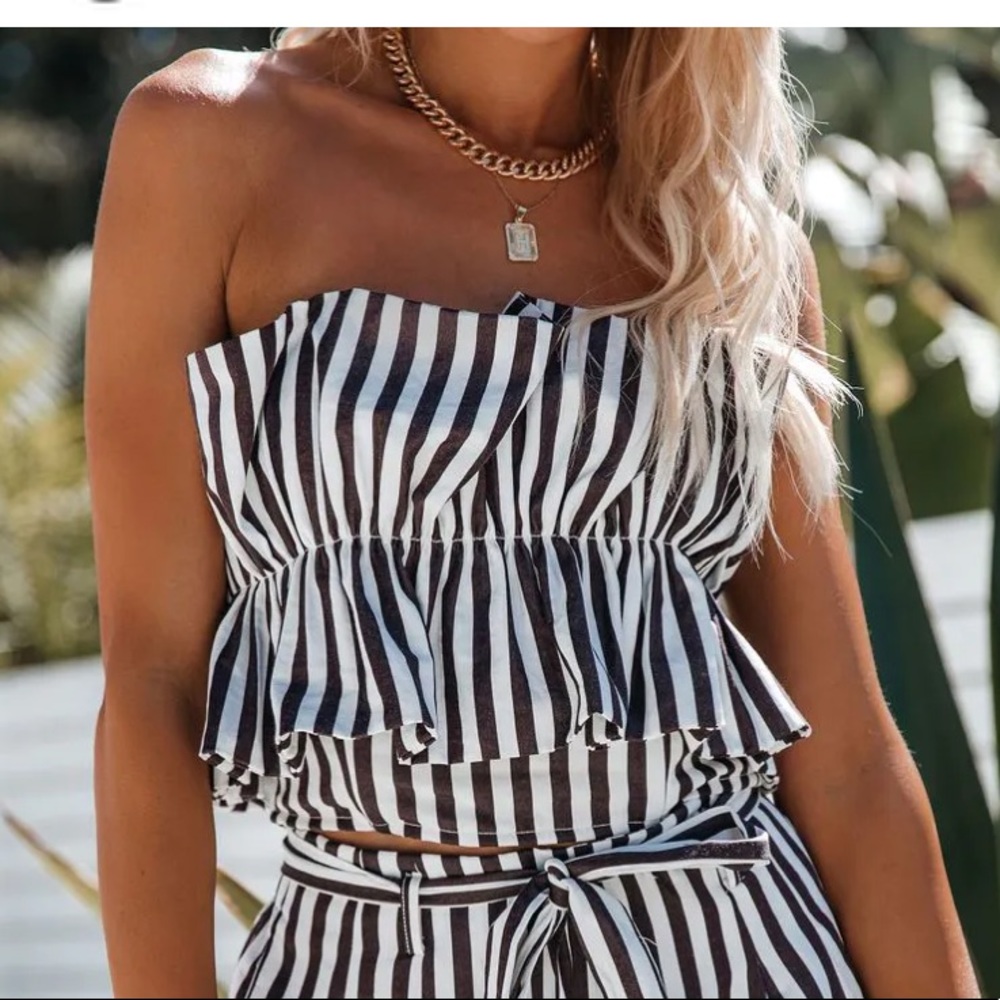 Vici Bianca Cotton Blend Striped Strapless Crop Top